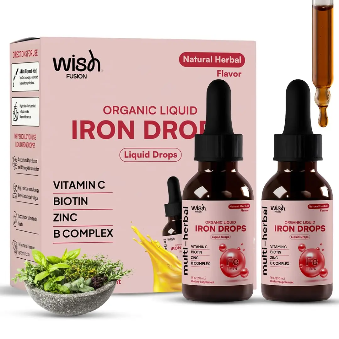 Wish Fusion Liquid Iron Supplement for Women & Men Iron Drops 2 Pack with Vitamin C, Biotin, Zinc, Vitamin B12 High Potency Vegan Iron Drops for Red Blood Cells & Immune Support