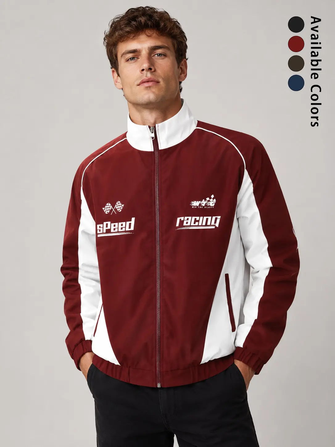 Men’s vintage patchwork racing sports jacket, lightweight windproof zip-up racer print aviator jacket, street outerwear