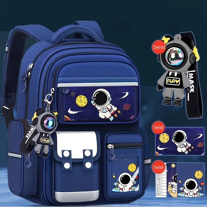 Boys' Astronaut Space Print Fabric School Bag - Large Capacity, Adjustable Straps, Tablet Slot, Ideal for School & Commuting, Navy Blue with Colorful Design
