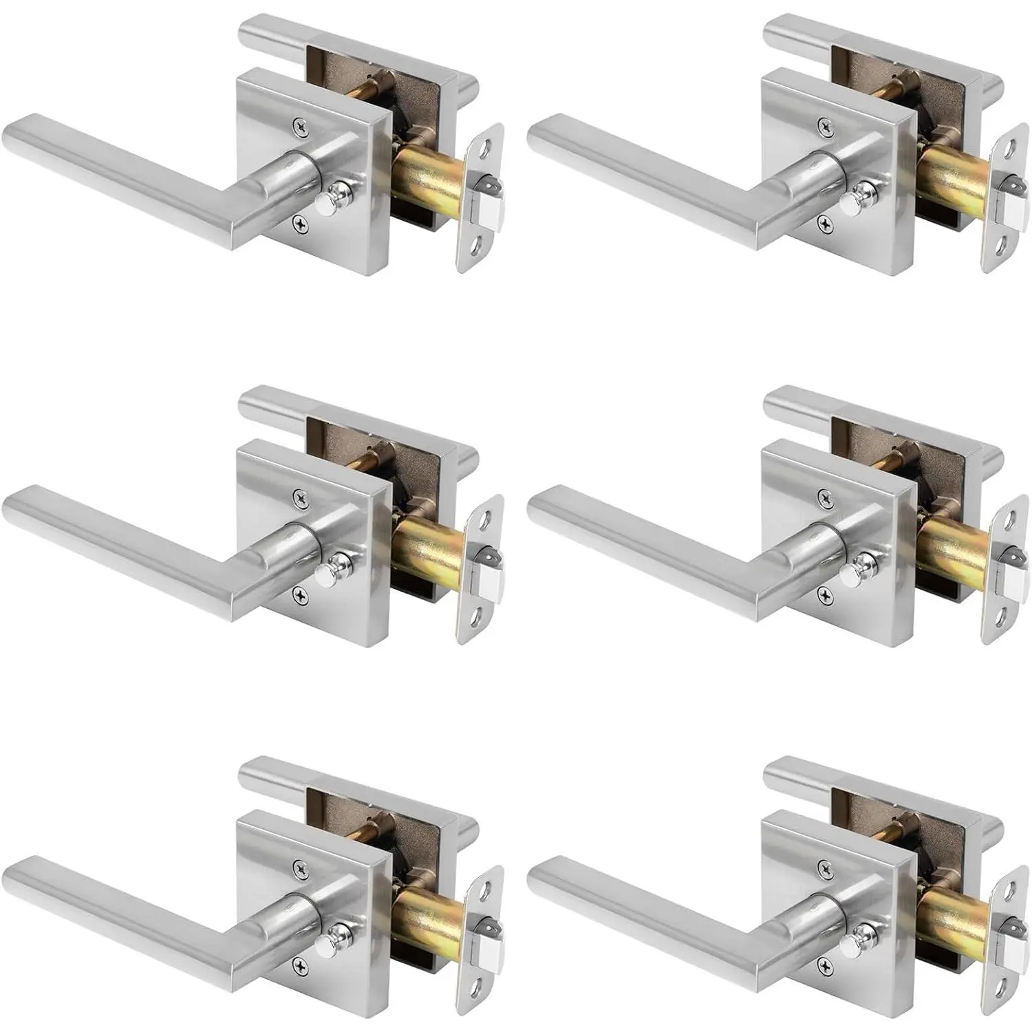 6 Pack Brushed Nickel Door Handles Bathroom Privacy, Heavy Duty Interior Door Levers, Keyless Reversible Square Door Handle Door Knob