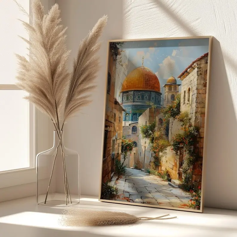Wall Art of Al Aqsa Mosque, Islamic Art for Living Room, Gold Dome Poster, Palestine Art Prints