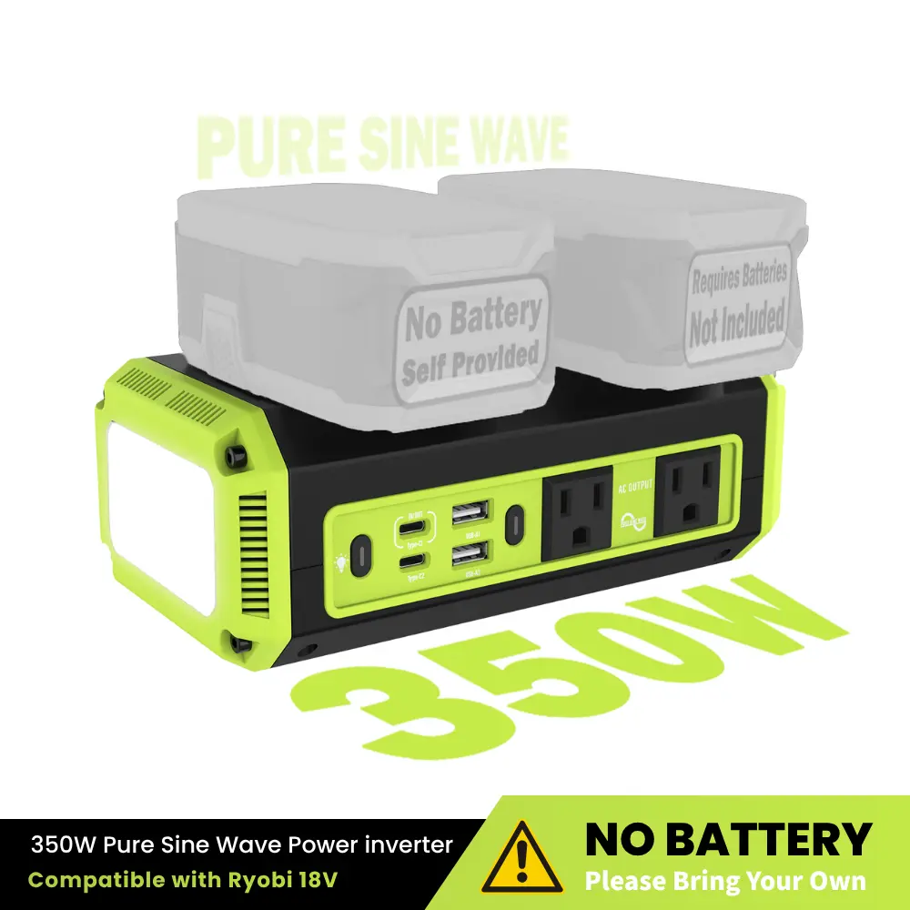 Azocek 350W Dual Battery Inverter Compatible with Ryobi 18V, Pure Sine Wave 110V AC Power Station, 140W USB-C PD Charging, 600 Lumens Work Light for Emergency, Outdoor Work & Camping (Battery Not Included)
