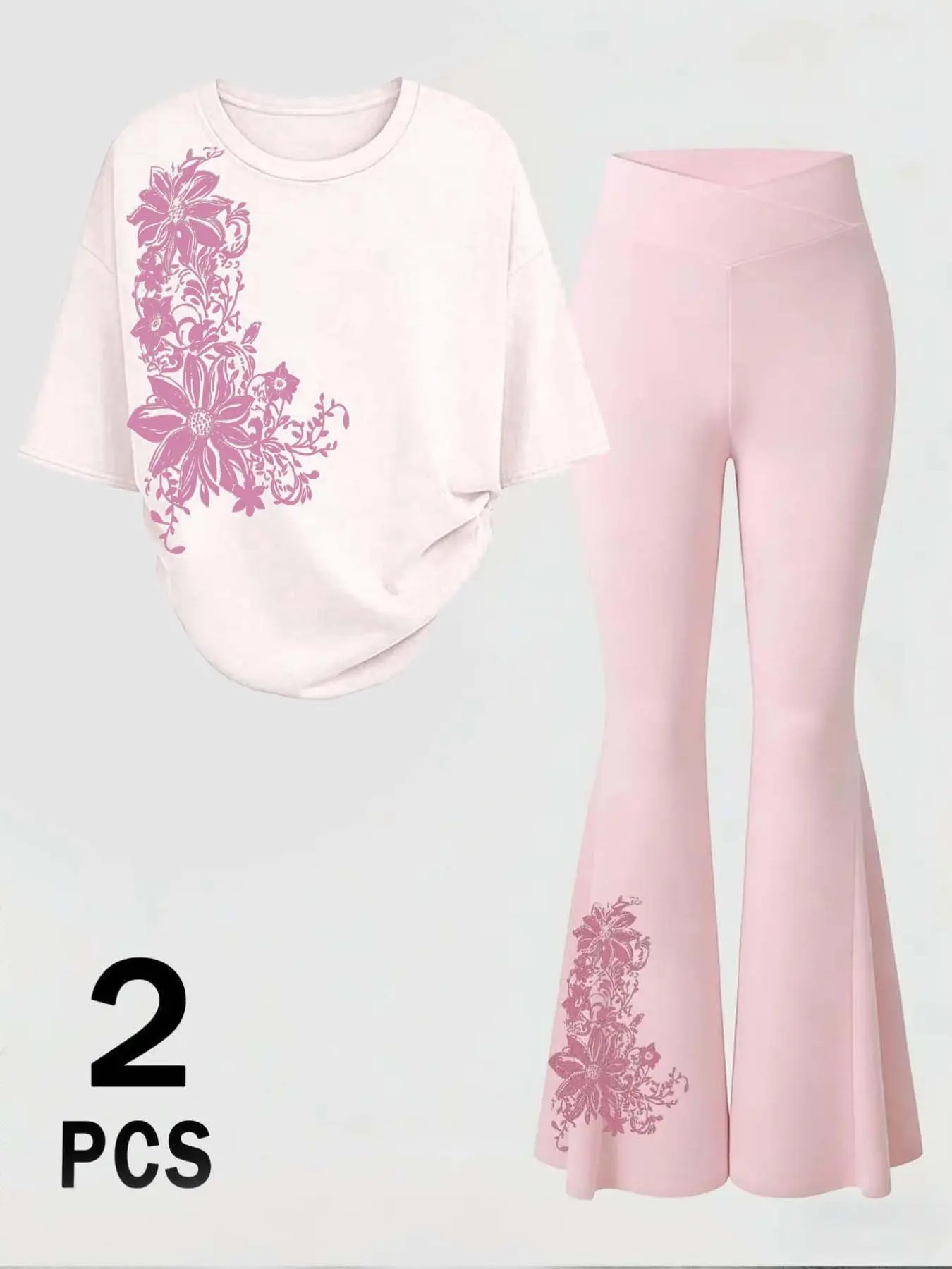 Y2K Floral Print 2-Piece Set, Oversized Tee & Flare Pants, Coquette Aesthetic, Slim-Fitting, Casual Streetwear, Daily Wear, Matching, Clothes, Lounge Pants Set