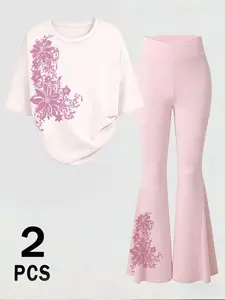 Y2K Floral Print 2-Piece Set, Oversized Tee & Flare Pants, Coquette Aesthetic, Slim-Fitting, Casual Streetwear, Daily Wear, Womenswear
