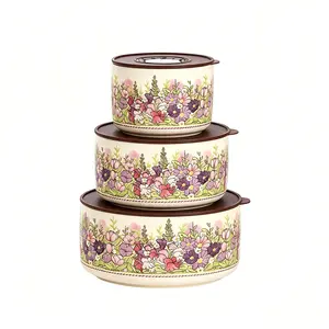 3 Pieces Food Storage Containers with Lids, 4"/ 5"/ 6" Nesting Bowls Set, Serving Bowls with Lids Set, Pasta Ceramic Bowls Set Decorative Bowl for Soup, Stew, Cereal Microwave and Oven Safe