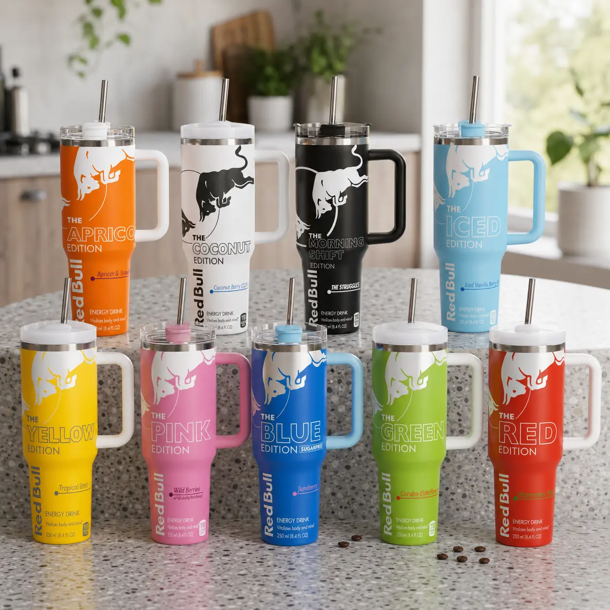 Red Bull Full Edition 40oz Stainless Steel Tumbler With Handle and Straw, Double Wall Vacuum Insulated Travel Mug