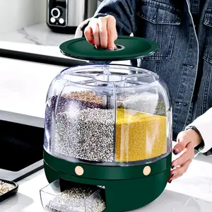Juvenixs 360° Rotating Grain Dispenser with 6 Grids Sealed Lid for Rice Beans & More Versatile Storage Solution