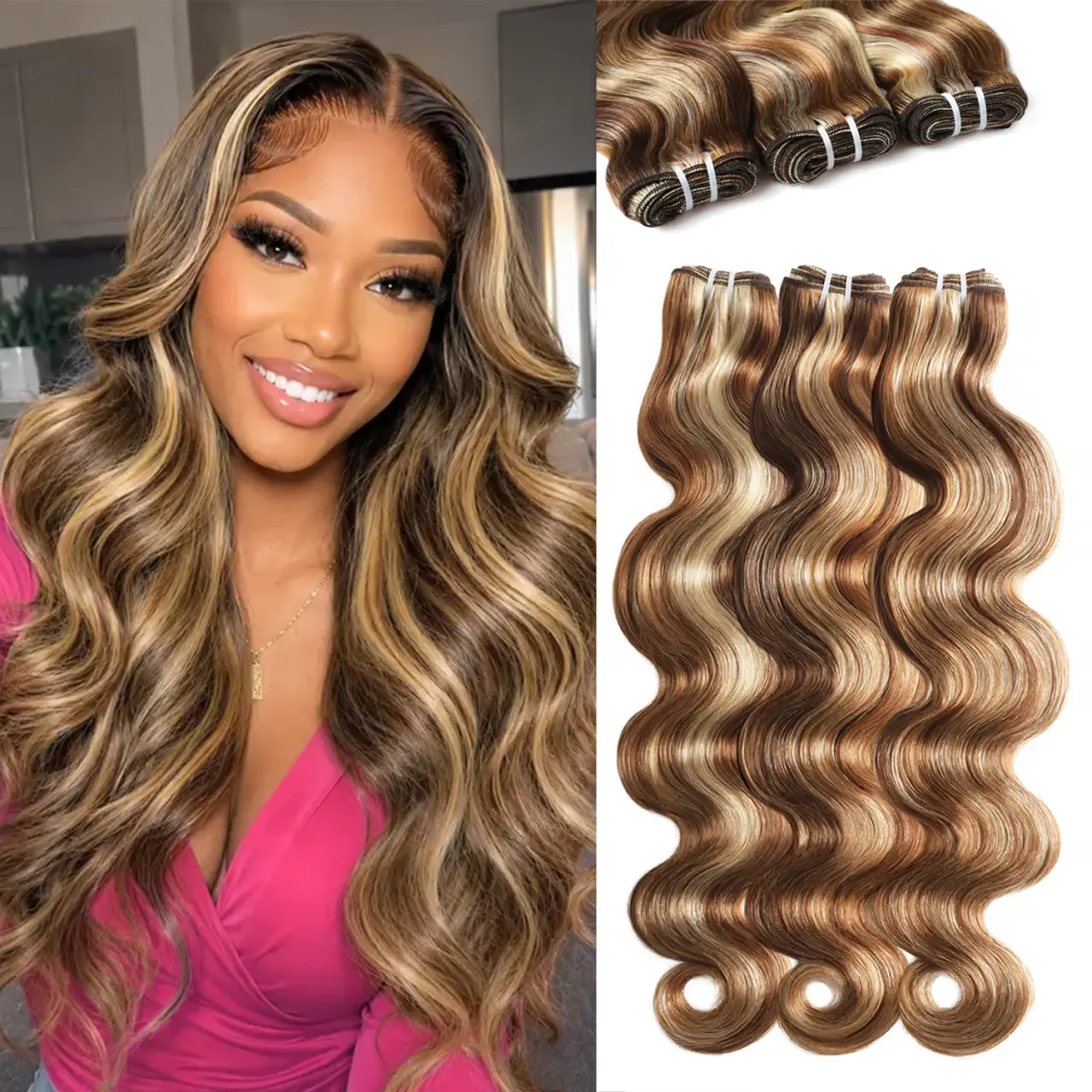 RHISO 4/27/613 Ombre Highlight Body Wave Human Hair Bundles, Brown Honey Blonde 613 Weave Hair for Sew In & Quick Weave, 100% Real Human Hair Colored Extensions