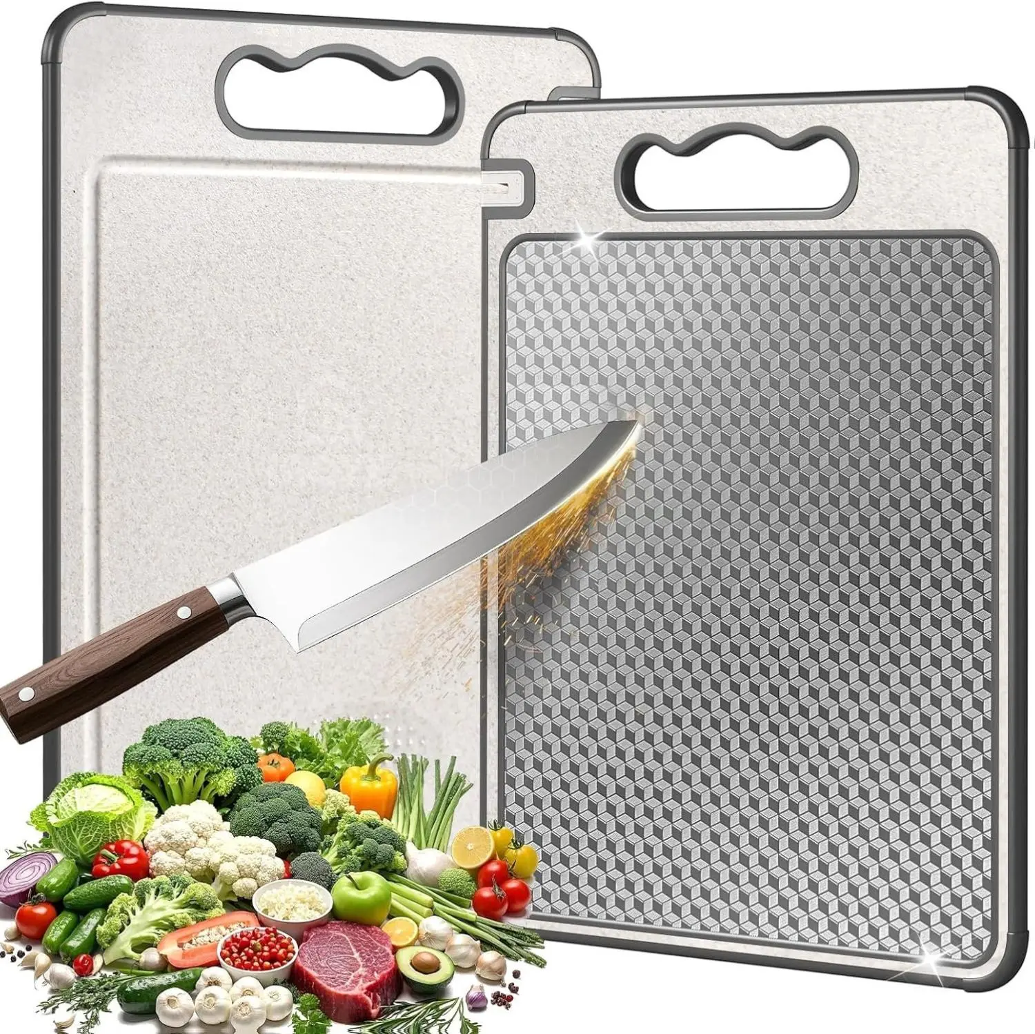 Food-Grade Stainless Steel Cutting Board for Kitchen - 14.37"x9.84" Double-Sided, Non-Toxic Non-Slip, Scratch-Resistant Mesh Design, 304 Stainless Steel Side for Meat/Knives, Wheat Straw PP Side for Fruit