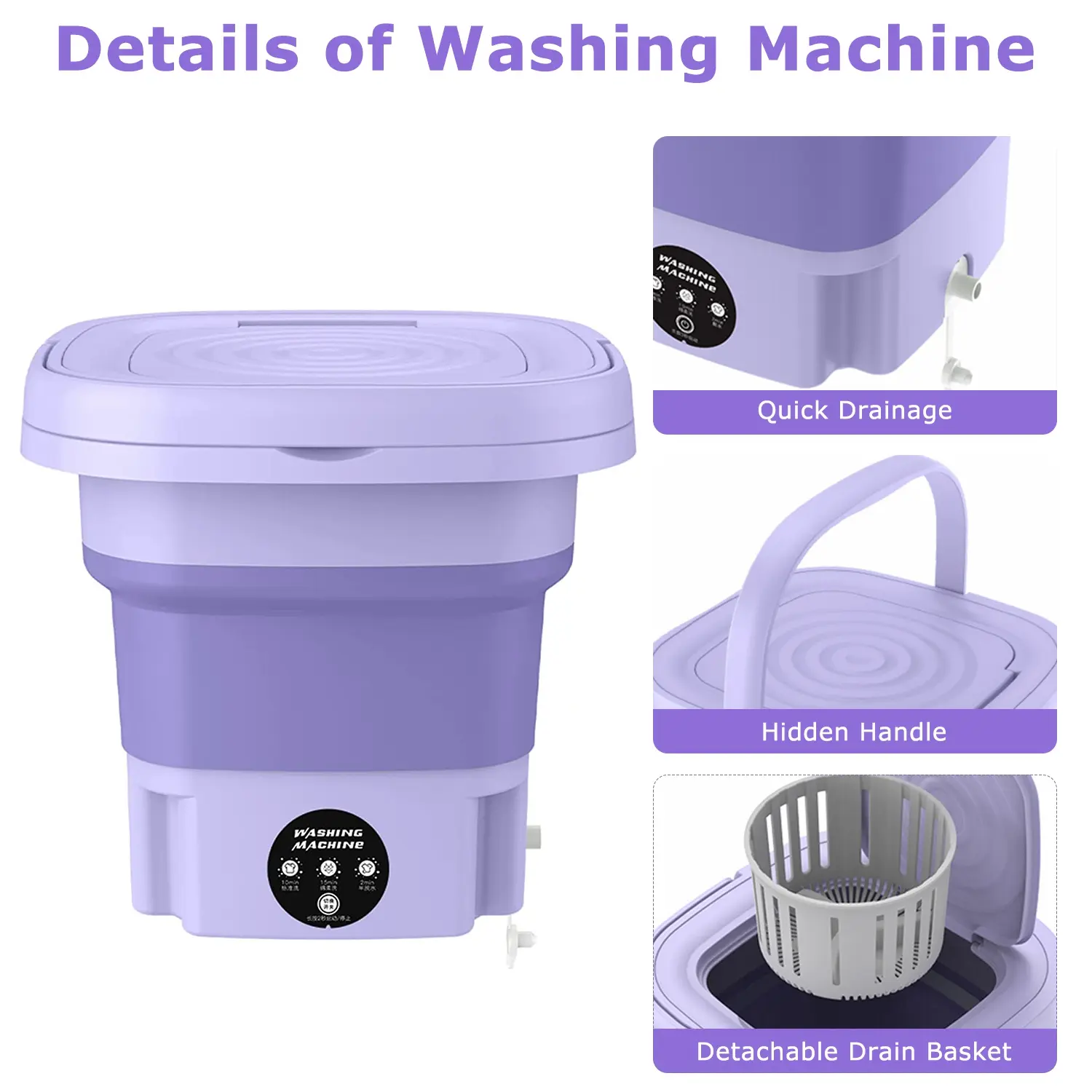 Portable Washing Machine Foldable Mini 3 Modes with Drain Basket for Underwear Socks Baby Clothes Sports Outdoor