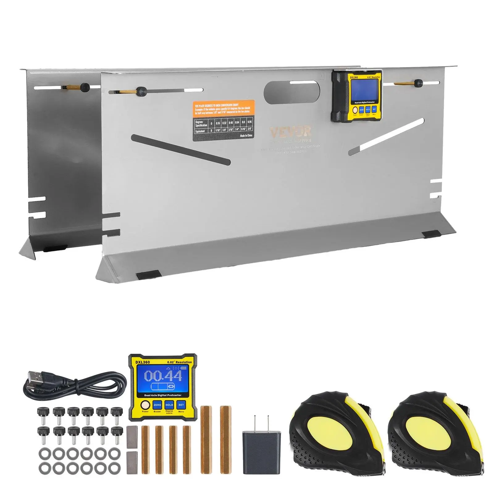 VEVOR Wheel Alignment Hardware Tool Kit, 2-Pack Toe Plates, 0.1° Accuracy Camber/Caster/Toe Gauge, Stainless Steel Tool Plate, Magnetic Slots & Non-Slip Base, 6 Alignment Rods, Durable Tape Measures, User-Friendly Conversion Chart