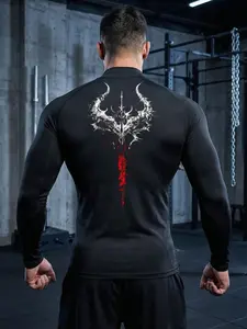 Men's High Neck Long Sleeve Gym Workout Top, Gothic Print Design, Back Devil Skull Pattern, Essential Fitness Training Apparel, Athletic Compression Shirts
