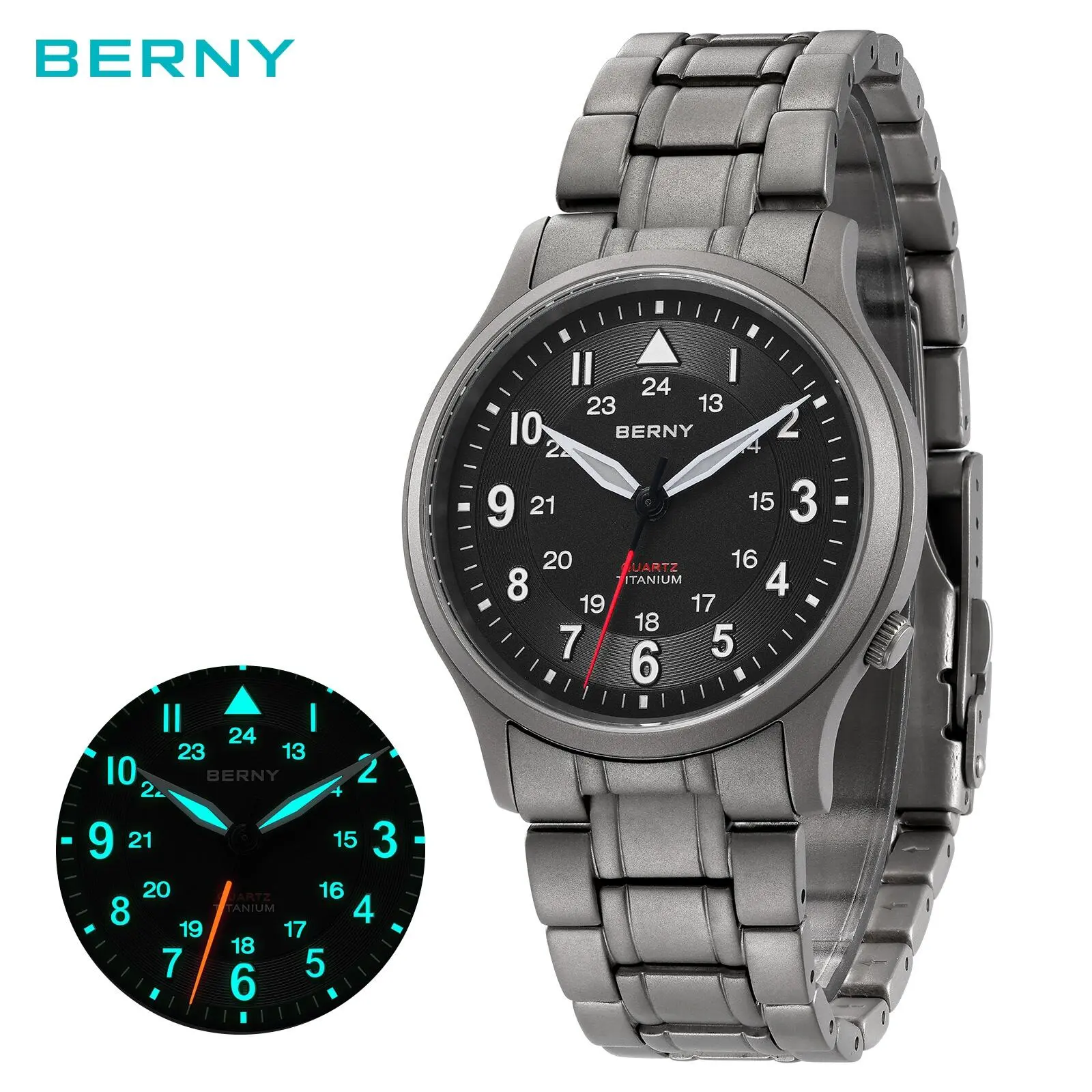 BERNY Full Titanium Watch for Men, Premium Field Man Quartz Wristwatch for Outdoor Sports, Military Aviation Style, 5ATM Waterproof, Super Luminous, Titanium Strap, Reloj de Hombre, Father's Day Gift, Summer Wins