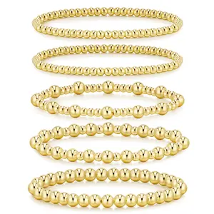 5-piece vintage beaded bracelet set, women's 14K gold-plated stackable elastic bracelet set, women's jewelry gift.