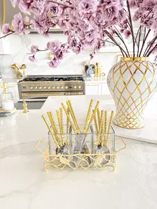 Gold Leaf Utensil Holder with Hammered Glass Inserts