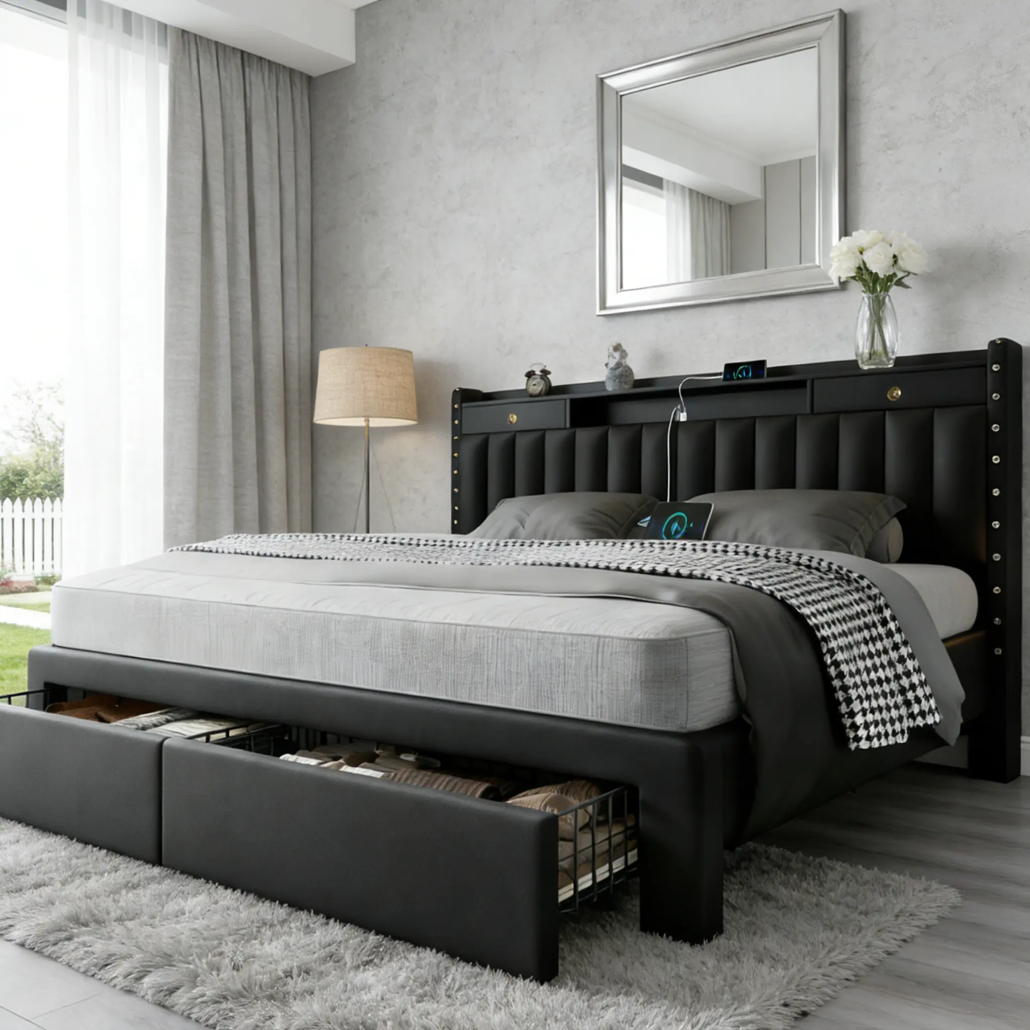 TryLazy Queen bed frame with 4 Storage Drawers No MATTRESS  Wood Slats Holds 900lbs No Noise No Box Spring Needed  White Rivet Design USB Socketbed base,bed with charging, queen size velvet,bed frames,bed frame for queen, queen bed,metal bed frame summerg