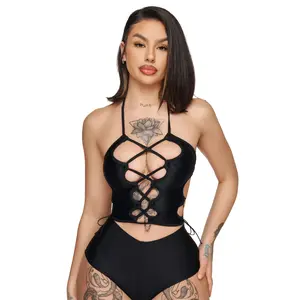 Black Halter Lace Up Sides Crop Top