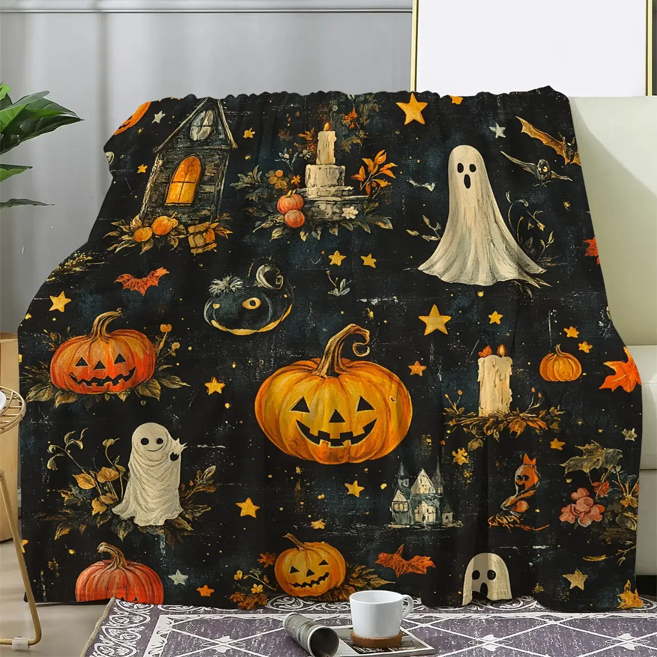 Vintage Halloween Pumpkin Ghost Throw Blanket Soft Flannel Fleece Cozy Lightweight Couch Blanket Spooky Autumn Farmhouse Decor for Bed Sofa Living Room Halloween Party Gift