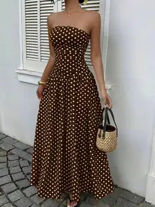 Women's Polka Dot Print Waist-Cinch Crop Top Dress, Vacation Style, Summer Casual Sun Dress, Long Dress, Extra-Long Dress, Polka Dot Dress