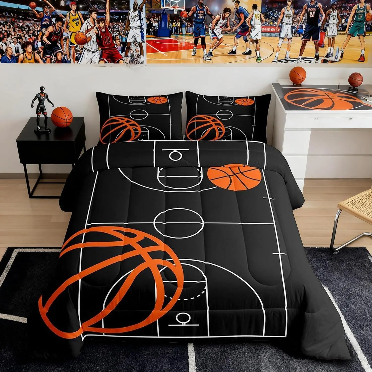 Basketball Comforter Set,Sports Theme Bedding Set for Kids Girls Women Adults Basketball Court Comforter Black and Orange Quilted Duvet Set,Bedroom Collection
