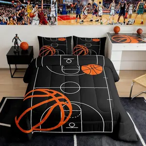 Basketball Comforter Set,Sports Theme Bedding Set for Kids Girls Women Adults Basketball Court Comforter Black and Orange Quilted Duvet Set,Bedroom Collection