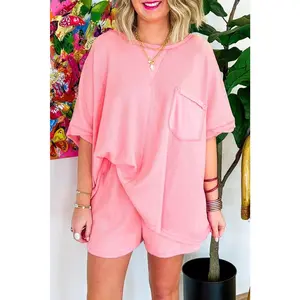 Pink Plus Size Ribbed Exposed Seam Tee and Shorts Set