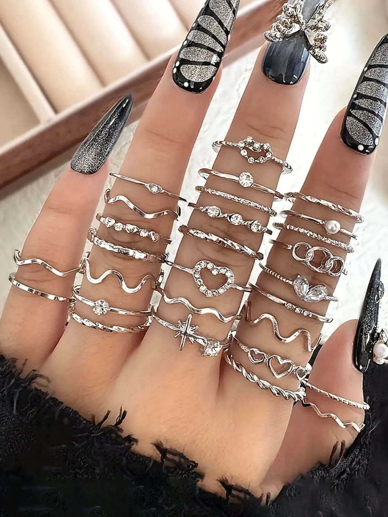 Women's Fashion Rhinestone Heart Wave Geometric Joint Rings Set, Elegant Rhinestone Ring, Rhinestone Decor Ring, Casual Daily Wear Jewelry Stackable Design, Perfect Gift Idea Stacking Rings, Interlocked Stackable Rings, Stackable Finger Rings