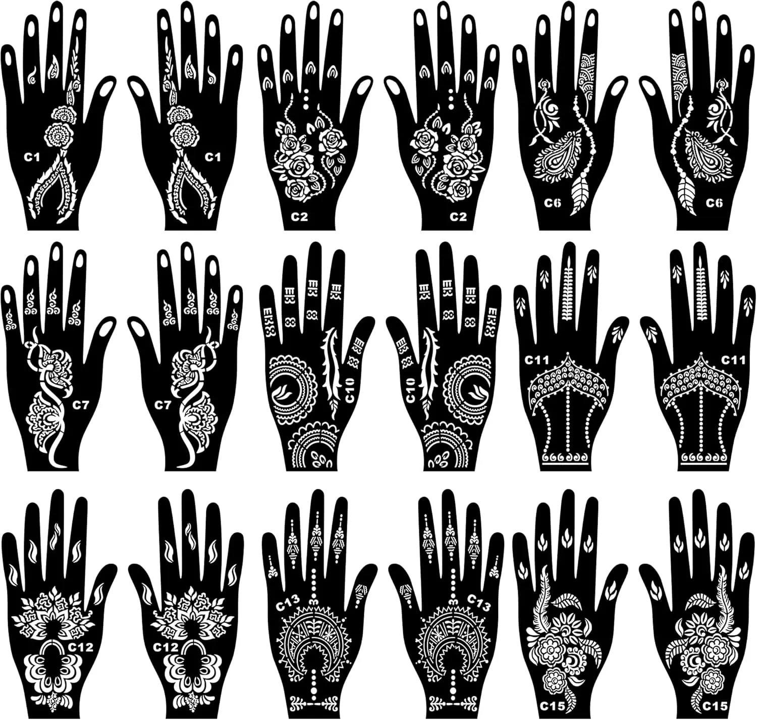 18 Sheets Henna Tattoo for Women and Girls - Reusable Mehndi for Hands and Body Art Temporary Tattoo Templates for Glitter, Airbrush, Paint - Mandala & Flower Designs