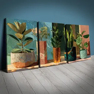 Modern Plant Wall Art Set, Large Abstract Background Canvas Prints, Living Room Bedroom Office Decor, Easy to Hang with Hooks