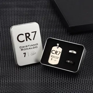 Soccer Football Fan Jewelry Gift Set Dog Tag Necklace & 2 Rings in Metal Box Men's Sports Accessories Best Boyfriend Husband Gift