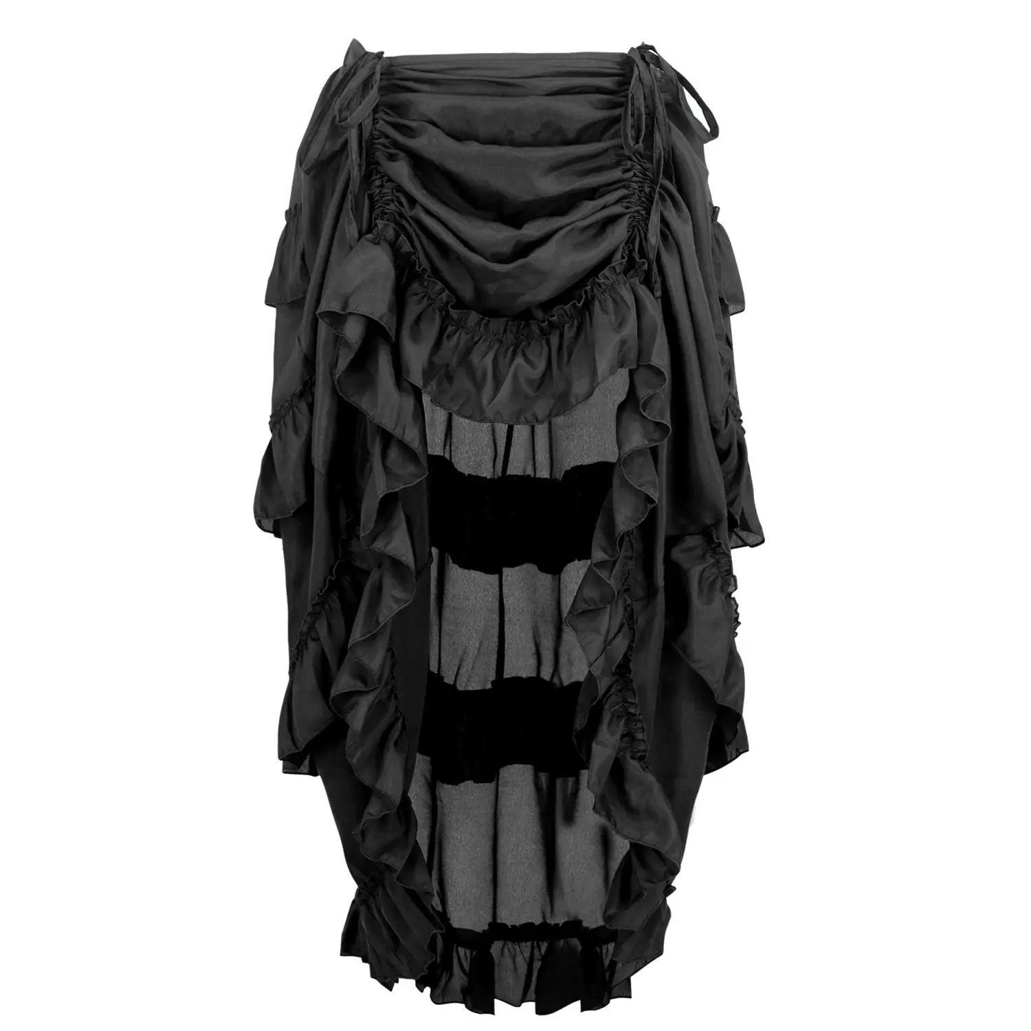 Charmian Women's Steampunk Gothic Spandex Mix Midi Skirt with an Adjustable High-Low Ruched Ruffle Hem, Bottom, Skirts For Women, Midi Skirts