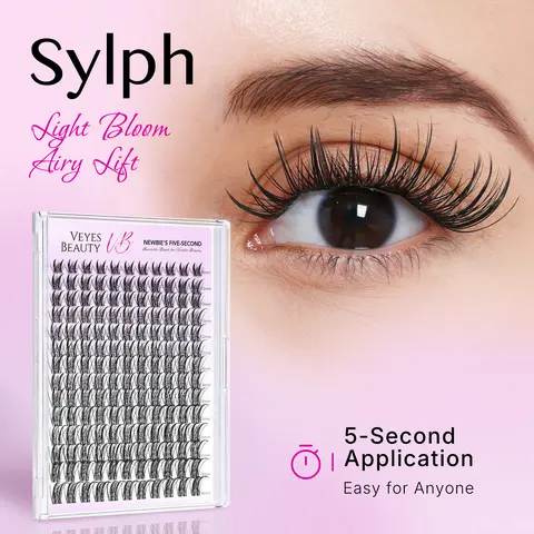 VEYESBEAUTY Sylph Pre-Mapped Dolly Lash Cluster Bundle - PBT Fibers Eyelashes Extensions Set, 5-Second DIY L-Wispy Individual Lashes for Newbies, At-Home Self-Application Kit with Adhesive for Dramatic Anime Doll Eyes