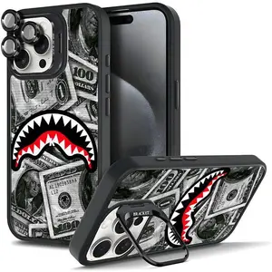 Shark Mouth Phone Case for iPhone 11 12 13 14 15 16 Pro Plus Max, Hard TPU with Metal Lens Frame, Film, Bracket Stand, Shockproof Anti-Drop Protective Shell Gift new vacuum magnetic phone stand mount cellphone
