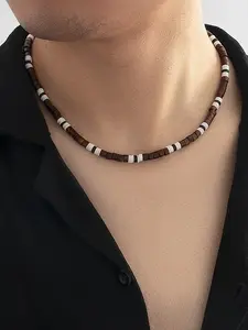 Boho Style Men's Necklace, Dainty Boho Necklace, Soft Clay Beads & Wood Bead Design, Preppy Acrylic Chain Jewelry for All Seasons, Daily Wear Necklace, Unique Gift Idea, Choking Hazard Free