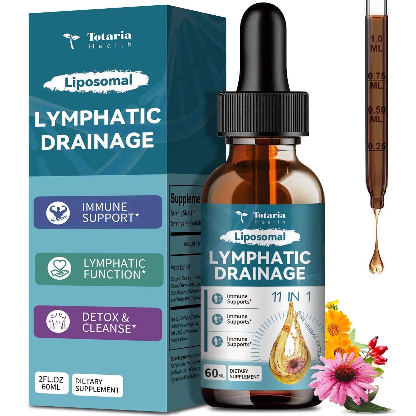 Totaria Liposomal Lymphatic Drainage Drops - 11-In-1 Organic Detox Herbal Supplement with Burdock Root, Echinacea, Elderberry, Calendula, Cleavers (Cleavers for Lymphatic), Dandelion, 2 fl oz Natural Healthcare Support,travel essentials