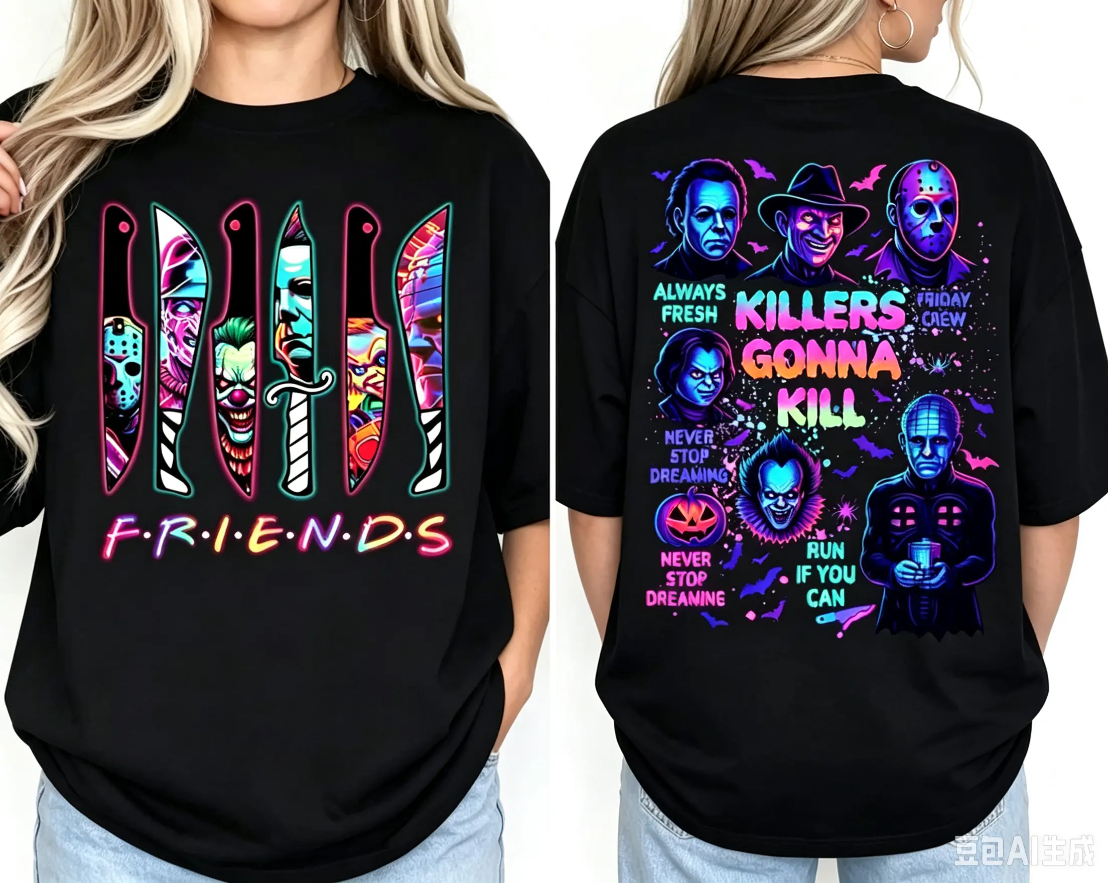 Halloween Horror T-shirt, Spooky Neon T-shirt, Horror Characters Halloween Gift, Horror Movie T-shirt, Spooky Season Shirt
