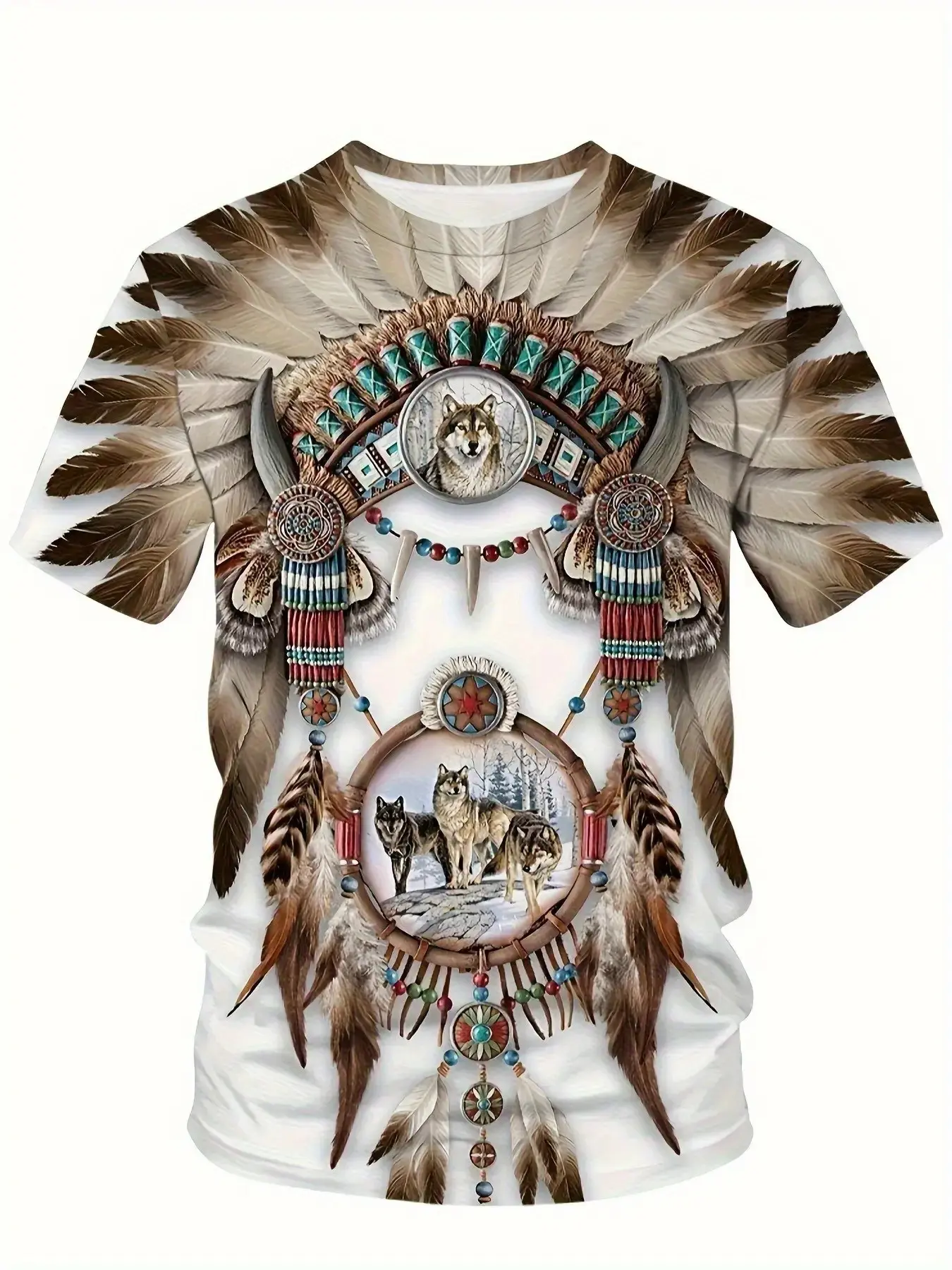 Men's American Indian Style 3D Digital Graphic Print T-Shirt, Vibrant Tribal Animal Wolf Feather Pattern, Breathable Summer Streetwear, Casual Round Neck Short Sleeve, Menswear Top