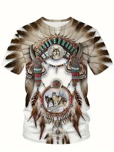 Men's American Indian Style 3D Digital Print T-Shirt, Vibrant Tribal Wolf Feather Pattern, Breathable Summer Streetwear, Casual Round Neck Short Sleeve