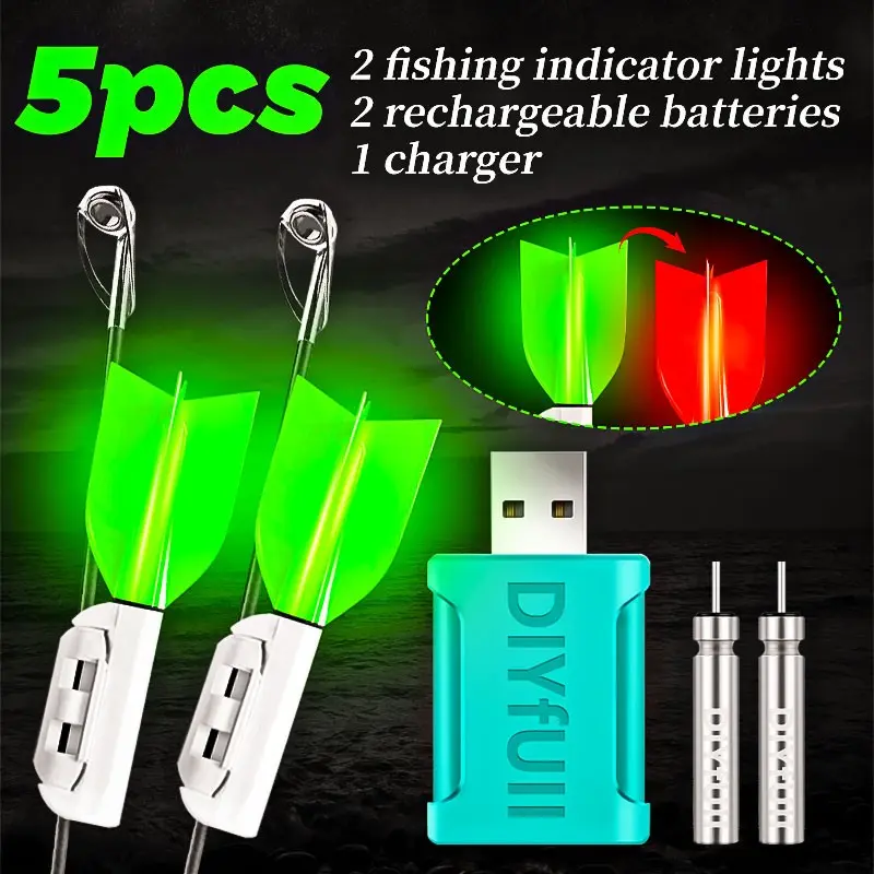 High-Quality Fishing Light Set, 5pcs Includes 2 Rod Tip Lights, 2 Rechargeable Batteries, USB Charger, Light, Dark Environment Use, Fishing Accessories, Fishing Supplies, Outdoor Fishing Accessory