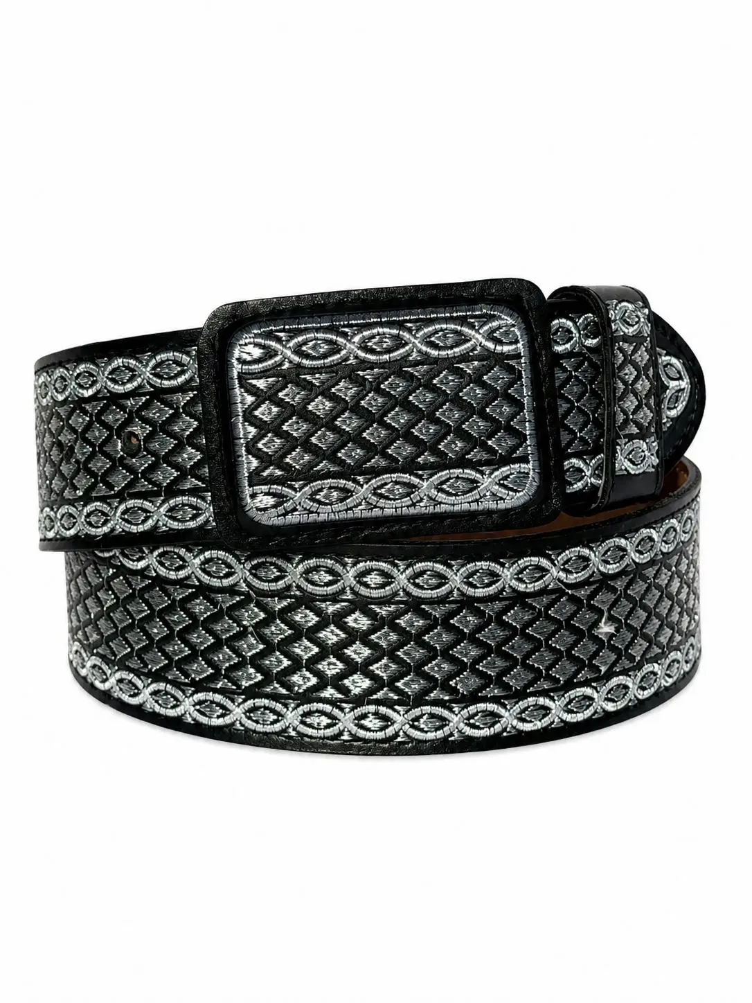 Men's Black and Silver "Galante" Embroidered Heavy-Duty 2-in-1 Western Thick Belt with Rectangular Buckle