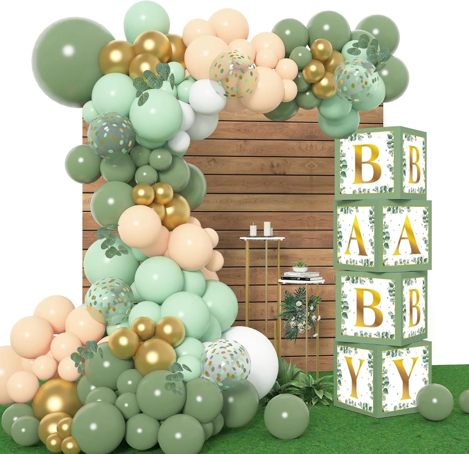 143Pcs Plain Nature Eucalyptus Sage & Olive Green Oval Balloon Garland Kit with 4 Baby Blocks, Gold Letter Tool, Secure Box Hold Confetti Balloons for Gender Neutral Baby Shower, Safari Jungle Party Decor