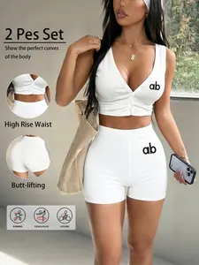 Women's 2-Piece Sportswear Set, V-Neck Button Short Top + High-Waisted Butt-Lift Shorts, Seamless Compression, Soft Fabric, Gym Yoga Streetwear, Sports Clothing
