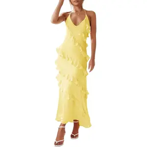 Wenrine Womens Sexy Chiffon Halter Maxi Dress Sleeveless Backless Ruffle Tassel Party Club Dresses