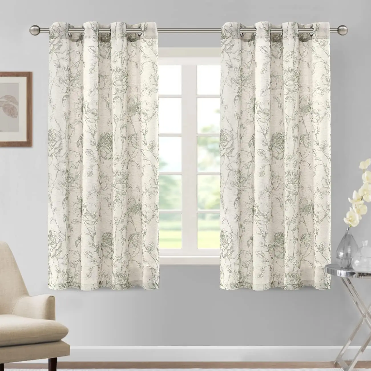 H.VERSAILTEX Linen Curtains Natural Linen Blended Curtain Panels for Living Room/Light Reducing Linen Sheer Curtains 2 Panels Set Pencil Sketch Style Floral Panels