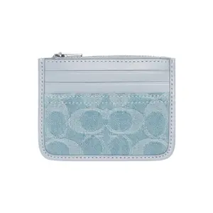 COACH Corner Zip 11 Classic Monogram Embossed Wallet for Women – Blue Fabric and Leather Mix