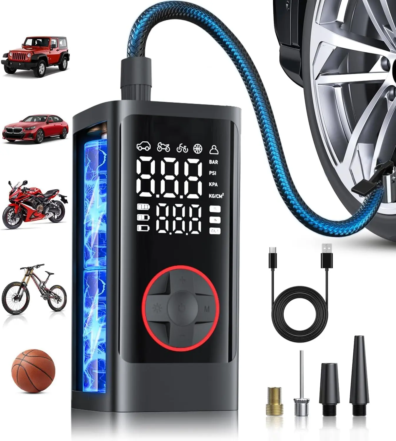 Protable Cordless Automobile Tire Inflator - Wireless Cordless Mini Pump, Built-in 6000mAh Bat, Tire Inflator with Gauge, 180PSI Digital Gauge, LED Light, Car Repair Tool for Car, Bicycle,Motorcycle and Ball Tires - Car Accessories!