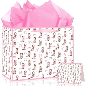 Large  Cowgirl Western  Bags Party Decorations with Tissue Paper&Greeting Card for Women Girls  Cowgirl Themed Birthday Party  Shower Decoration Supplies Decor Favors