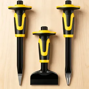 3-Piece Masonry Chisel Set with Hand Guard, Heavy Duty Point and Flat Cold Chisel for Concrete Stone Brick, Demolition Carving Splitting Cutting Tools, Reusable Professional Grade Mason Tools
