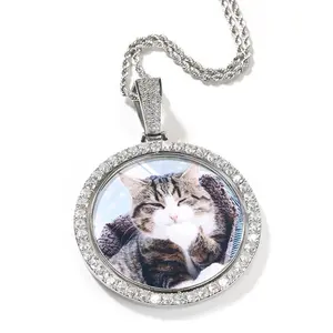 XL Zircon Rotating Double-Sided Custom Photo Pendant Necklace, Punk Style Copper Chain, Hip Hop Memory Jewelry