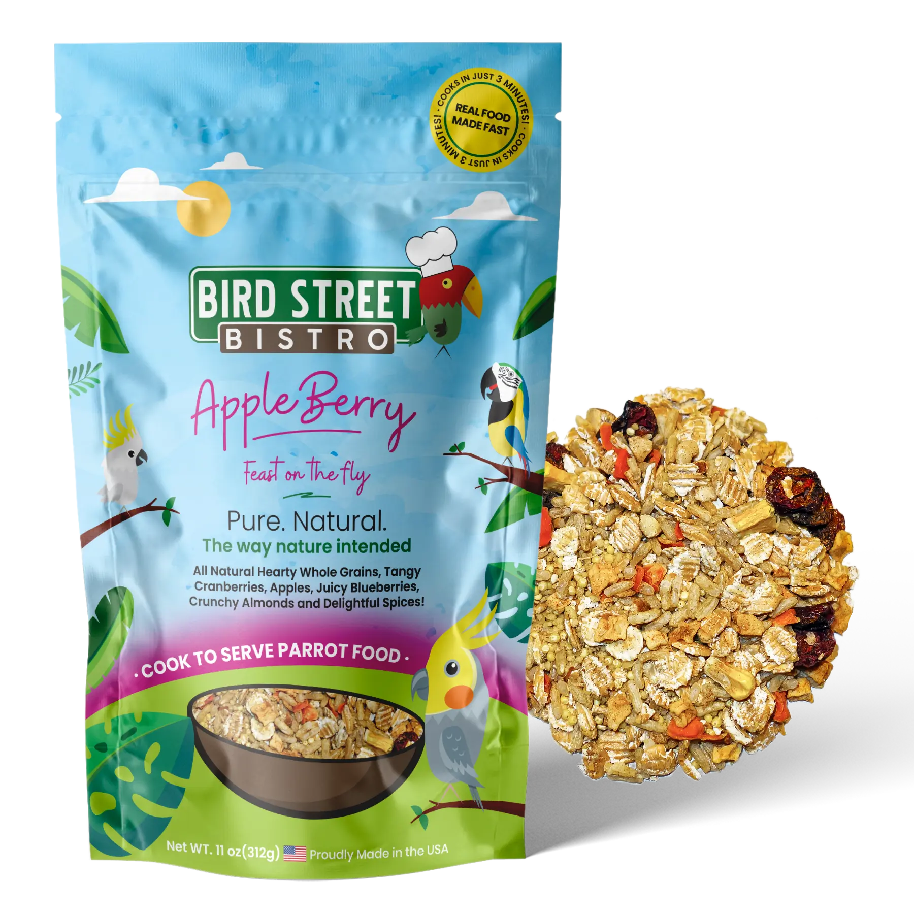 Bird Street Bistro AppleBerry Parrot Food - Organic, All-Natural, High in Vitamins & Nutrients - Cooks in 3 Minutes